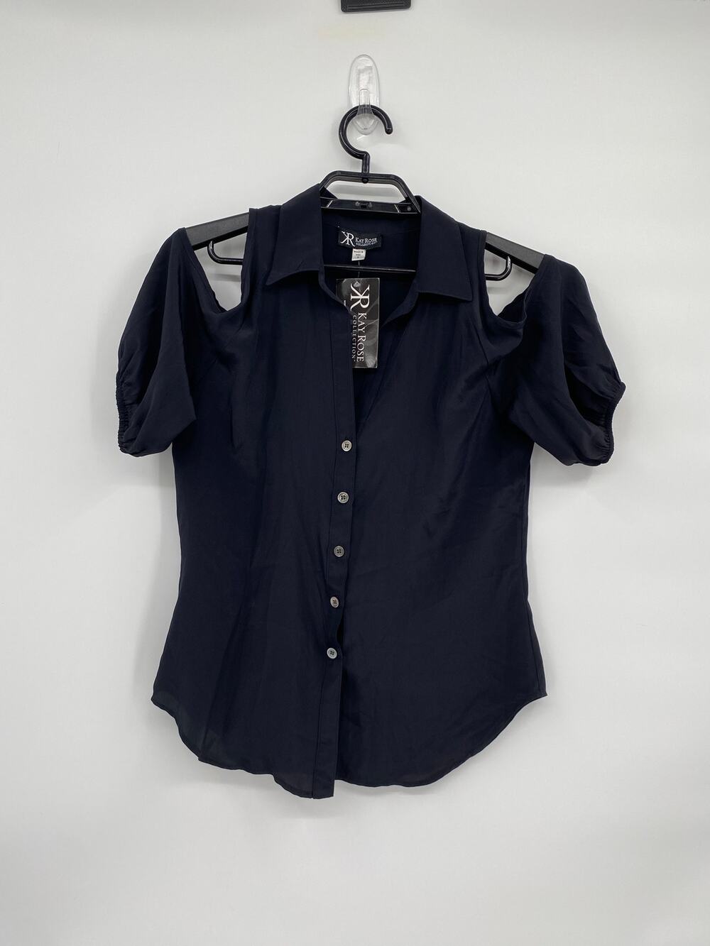 Kay Rose Collection Black Danielle Blouse Short Sleeve Button Front Small